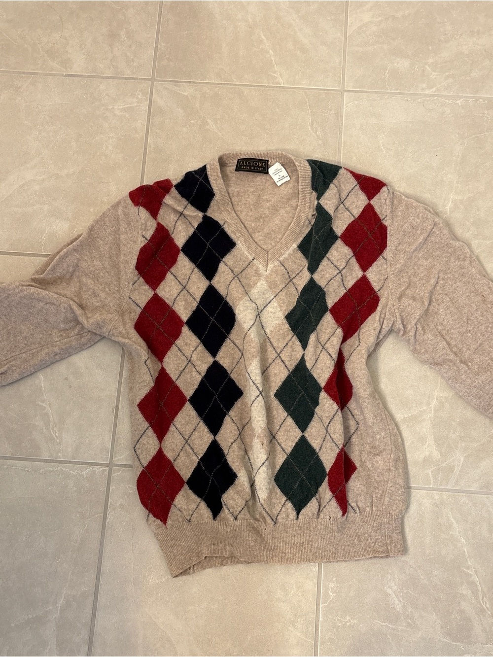 Men's V-Neck Argyle Sweater in Beige with Red & Green